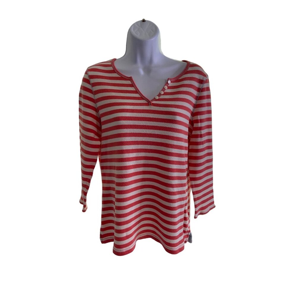 IZOD  Henley Top L Red White Stripe Long Sleeve Nautical Preppy Classicore